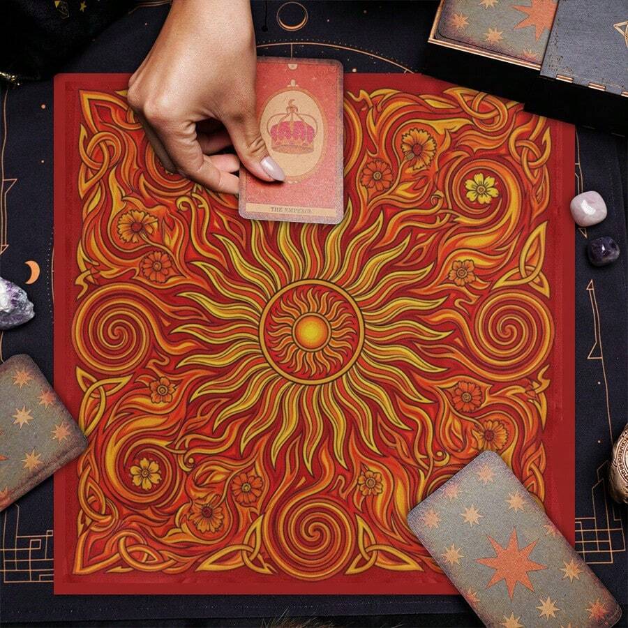1pc Vintage Celtic Sun Knotwork Altar Cloth Tapestry, Red & Golden Floral Spiral Print Tarot Cloth, Divination Oracle Card Reading Mat, Spiritual Witchcraft Home Decor - Multicolor - View 1