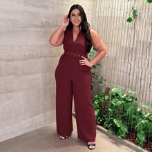 Macacão Feminino Poliéster Com cinto Regata Plus Size Casamento Diário Todas as Estações - Vinho - Visão 5