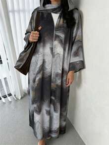 Set 2 pcs Hijab + Abaya Terbuka, Dubai Islami Muslim Motif Abstrak Gradien Depan Terbuka Lengan Panjang Longgar Gaya Kimono Konservatif, Pakaian Sehari-hari Muslim Islami Hijab Warna Senada untuk Wanita - MultiWarna - View 14