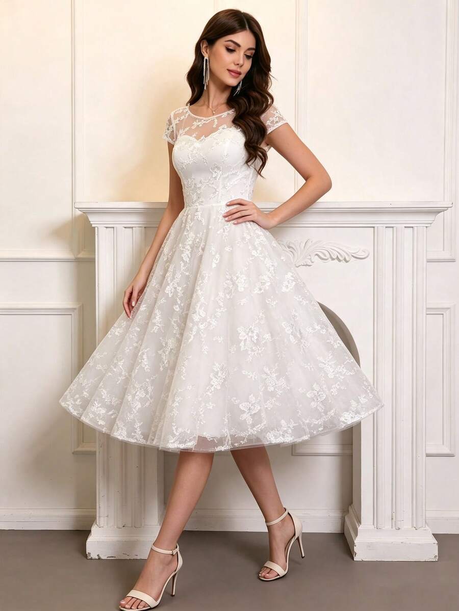 Sexy Mid-Length Lace Boat Neck Short Sleeve Contrast Color Mesh Patchwork A-Line Zipper Wedding Dress White Fall - White - View 1