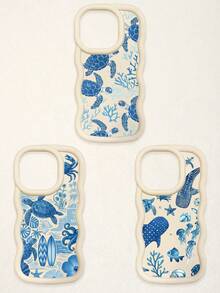 3 Pcs Wavy White Edge Ocean Sea Turtle Print Phone Case, Blue Tone Underwater Creature Illustration Soft Shell, Thickened Wavy Frame Full Coverage Anti-Drop TPU Phone Cover, Ins Vacation Style Niche Fresh Digital Accessory; Suitable For Valentine's Day, Easter, Mother's Day, Father's Day, Independence Day, Halloween, Thanksgiving, Christmas, New Year, Birthday, Back To School Gifts, Compatible With IPhone 17/17 Pro - Multicolor - View 36