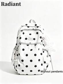 Ransel Kasual Kapasitas Besar Motif Polkadot Kain dengan Bordir Kucing dan Liontin Bintang untuk Wanita, Cocok untuk Pelajar, Perjalanan, dan Remaja Putri (Liontin Tidak Termasuk) - Hitam - View 9