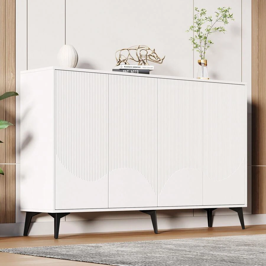 White Sideboard 160cm - Multi-Functional Cabinet With Adjustable Shelves, Metal Legs In Wood For - 白色 - 查看 1