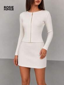 ROSIE POPHUB 2pcs Women's Apricot Elegant High Elasticity Ribbed Knit Crew Neck Zip-Up Top And Bodycon Skirt, Autumn/Winter Daily Commute Preppy Style Outfit - Apricot - View 6