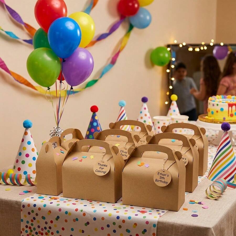 Brown Party Favor Treat Boxes Goodie Paper Box With Handles | Candy Gable Gift Boxes Perfect For Birthday, Babyshower, And Any Fun Party - Style 1 - View 1