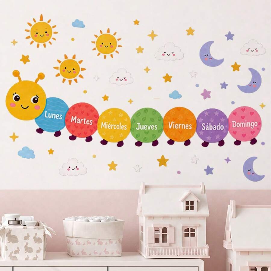 1pc Spanish Days Of The Week Caterpillar Wall Sticker, Spanish Language Days Of The Week Educational Self-Adhesive Decorative Wall Decal - Multicolor - View 1