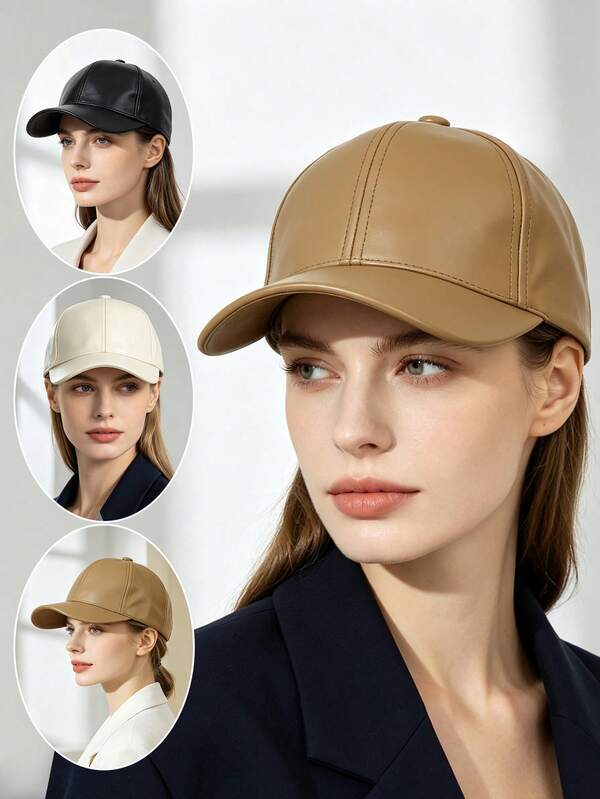 1pc Women's Autumn/Winter PU Leather Baseball Cap, Minimalist Solid Color Baseball Cap, Vintage Versatile Face-Slimming Hard Top Casual Leather Cap
