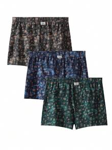 3 Pieces Set Of Men's Underwear, Flat Corner Pants With Ancient Text Printing, Soft And Comfortable Casual Loose Shorts - Multicolor - View 6
