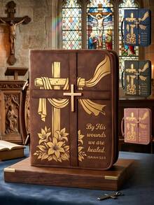 1pc "By His Wounds We Are Healed" Isaiah 53:5 & Cross Print Bible Cover With Handle, Protective Scripture Book Carrying Case Organizer, Christian Religious Faith Art Storage Bag, Church Worship & Daily Study Accessory - Coffee Brown - View 1