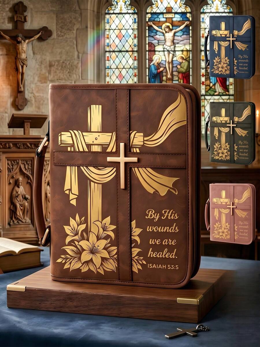 1pc "By His Wounds We Are Healed" Isaiah 53:5 & Cross Print Bible Cover With Handle, Protective Scripture Book Carrying Case Organizer, Christian Religious Faith Art Storage Bag, Church Worship & Daily Study Accessory - Coffee Brown - View 1