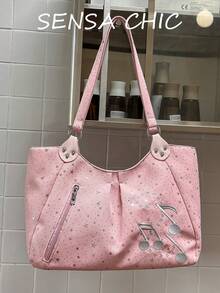 Music Note & Star Print Pattern Tote Bag, Layered Storage Large Capacity Design, Zipper Secure Closure, Light Tone Aesthetic, Women's Travel & Commute Handbag, Shoulder Bag, Minimalist Durable Large Capacity Commuter Tote Bag - Pink - View 7
