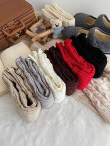 3/5 Pairs Random Women's Solid Color Ribbed Ruffle Edge High Elastic Warm Soft Knit Socks, Preppy Style, Suitable For Winter Daily Wear - Multicolor - View 2