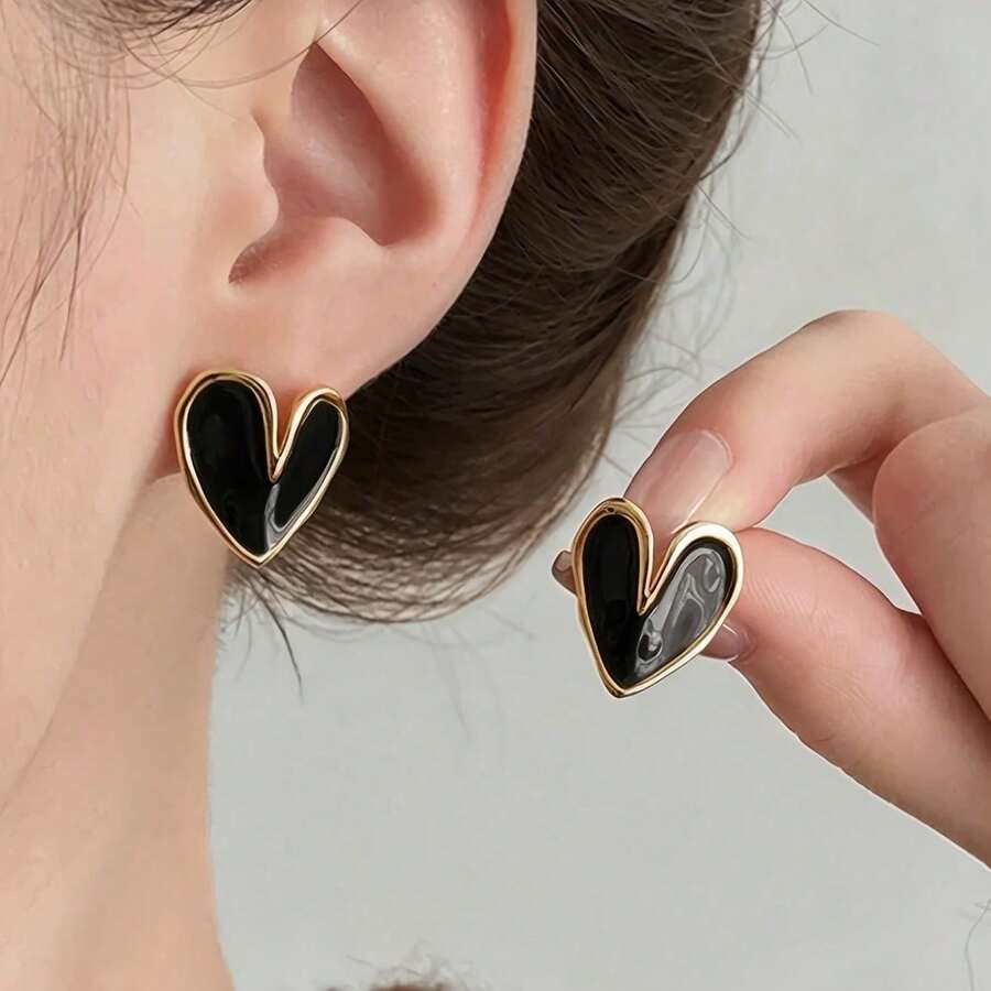 3 Pairs French Vintage Elegant Elegant Gentle High-End Geometric Heart Black Enamel Stud Earrings Set Suitable For Women's Daily Commute, Holiday, Party Wear - Style 1 - View 1