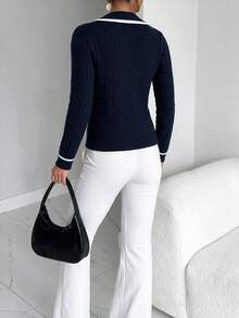 Sookaug American Preppy Style Bear Embroidered Collar Knit Sweater Women's Autumn/Winter Contrast Color Cable Knit Long Sleeve Pullover - Royal Blue - View 8