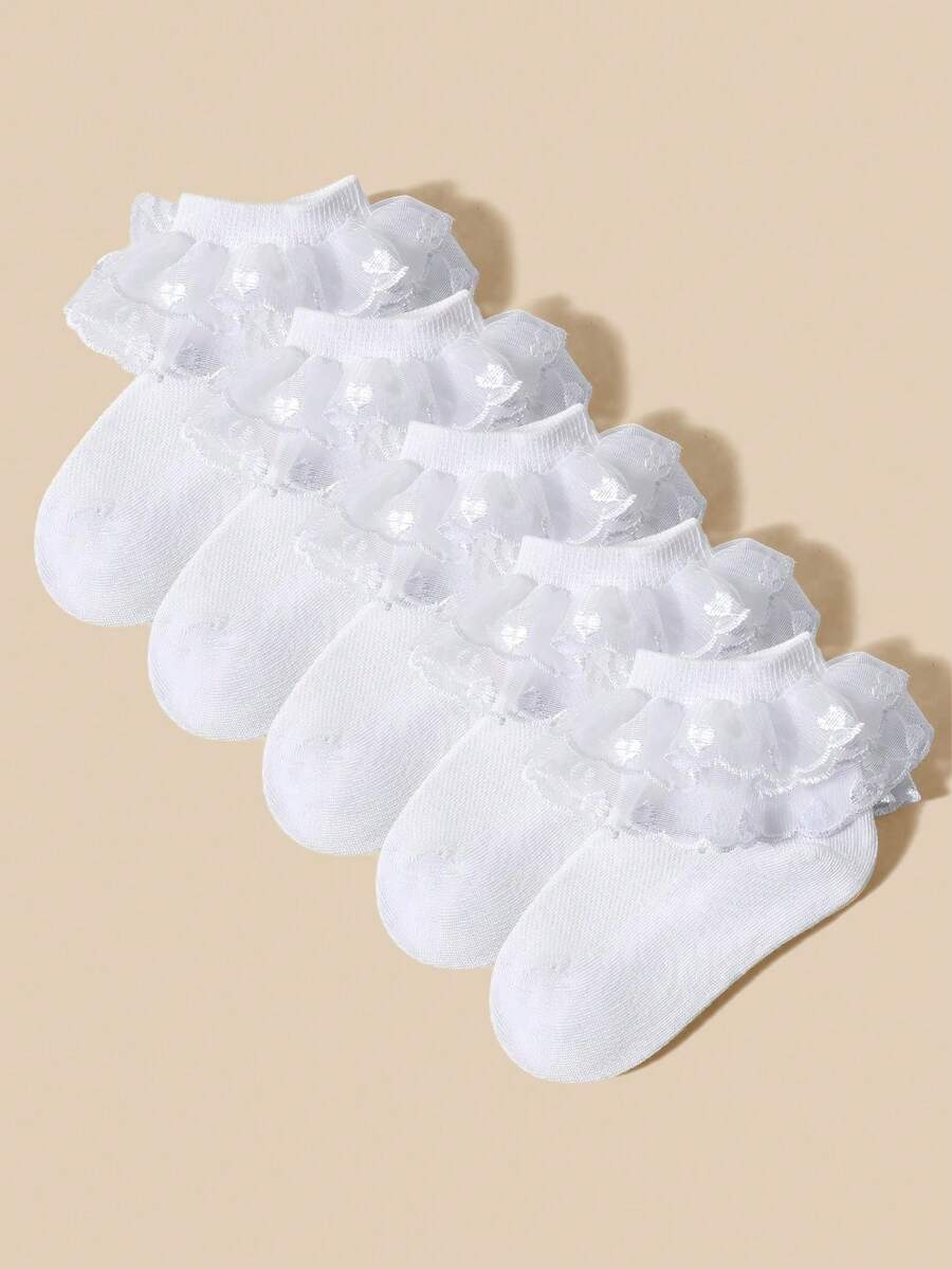1/5 Pairs Spring/Summer Baby & Toddler Socks, Delicate Heart Embroidery, White Fluffy Ruffle Princess Socks/Double Layer Lace Fairy Style, Minimalist Fashionable Elegant Casual Versatile Princess Style Dance Socks, Skin-Friendly Soft Comfortable Sweat-Absorbent Breathable Short Socks, Suitable For Holiday Gifts/Back To School Outfits/Party Gatherings/Travel/Daily Wear/Wedding Season Outfits - White - View 1