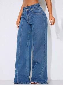 Low Waist Wide Leg Casual Blue Diagonal Pocket Curved Women's Jeans Fall - Blue Day - View 5