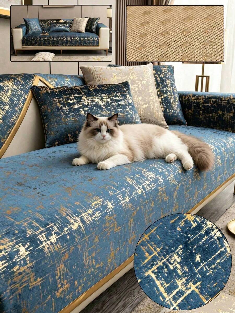 1pc Chenille Sofa Cover, All Season Universal Sofa Slipcover, Pillow Back Cover, Sofa Protector, Suitable For Bedroom, Office, Living Room, Home Decor - Blue - View 1