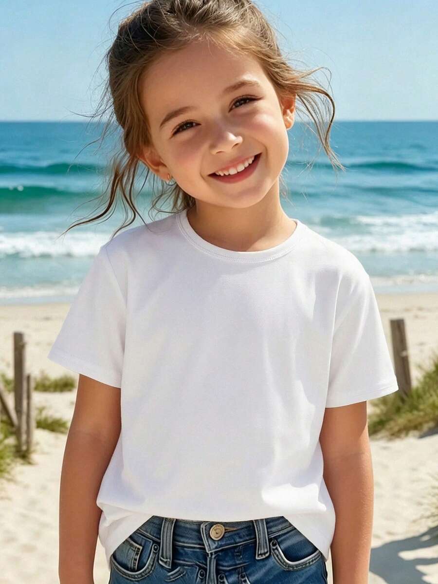 Young Girl Solid Color Casual Short Sleeve T-Shirt - White - View 1