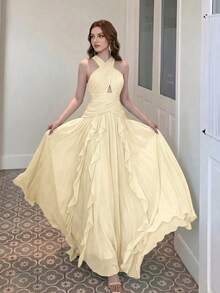 Women's Elegant Sexy Multi-Layer Ruffle Patchwork Design Fashionable Flared Slimming Luxury Dress Solid Color Sexy Party Patchwork Wedding Fall - Light Yellow - View 2