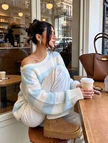 Women Blue White Striped Cold Shoulder Knit Pullover Ribbed Loose Long Sleeve Basic Sweater Autumn Back To School Outfit For Daily Commute Date Wear - Beige - View 2