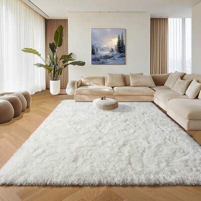 Creamy White Fluffy Area Rug, Plush Carpet For Bedroom And Living Room, Warm Soft Mat, Elegant Home Decor
