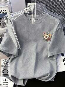 Vintage Oil Painting Wildflower Print, Women's Crew Neck Oversized T-Shirt, Summer Vacation Travel Beach - Gray - View 4