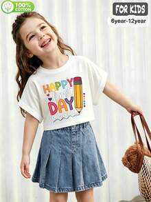 Tween Girls'  Cotton Cropped Cuffed Sleeve Tee, Graphic Print,  Cute Sweet Preppy Girl Style - White - View 2