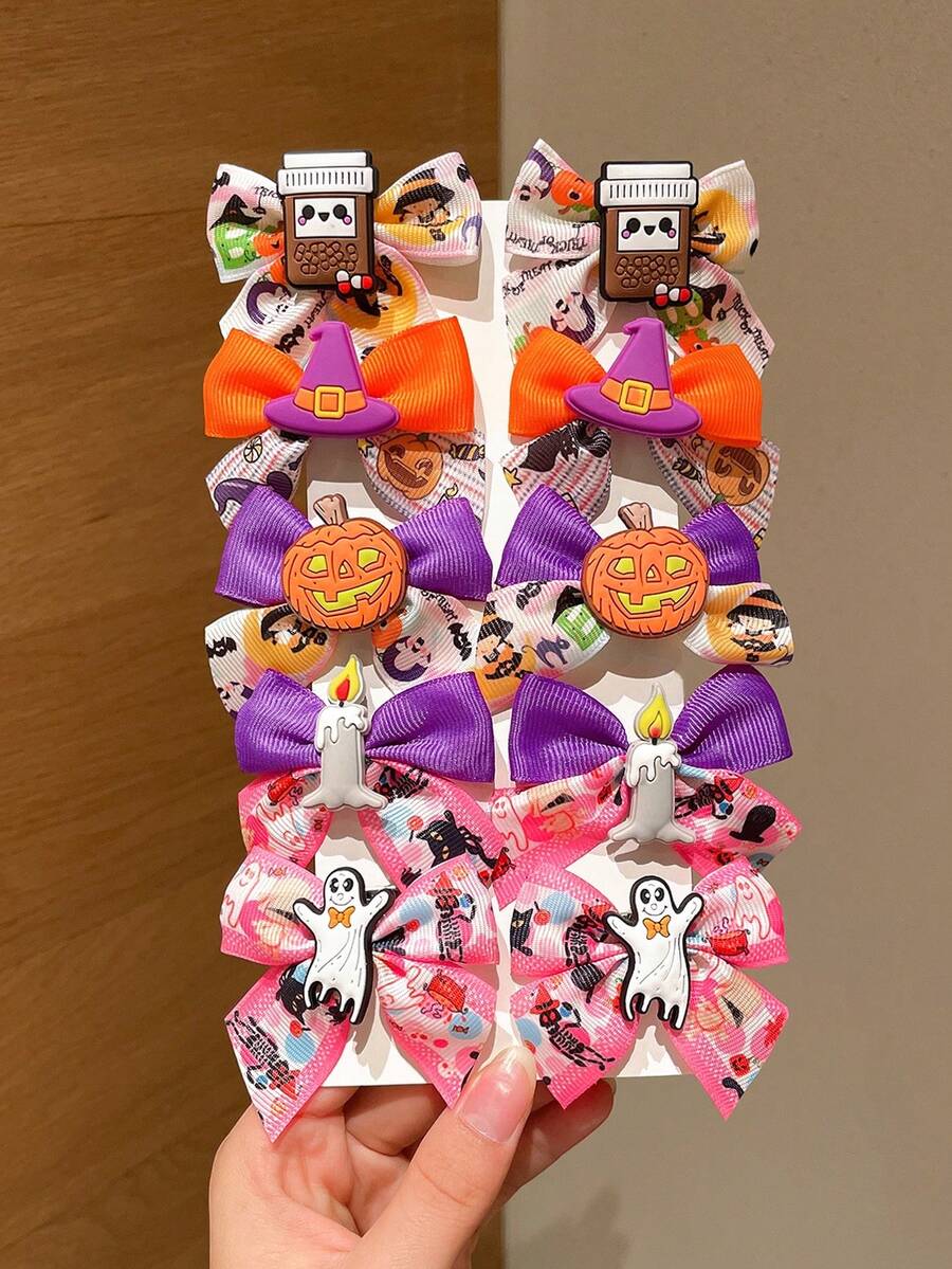 10pcs Halloween Bowknot Print Pumpkin, Ghost, Witch Hat Hair Clips, Side Fringe Hair Clips, Suitable For Holiday Party Cosplay Props, Can Be Given As Halloween Hair Accessories Gift
