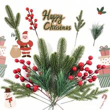 20pcs Mixed Pine Needle & Red Berry Artificial Plants, Realistic Faux Greenery, Suitable For Christmas Wreaths, Room Decor, Bedroom Decor, Christmas Home Decor, Fireplace Mantel Tabletop Centerpiece, Wedding Handmade Floral Arrangement, Durable Non-Fading, Bendable Stems - Style A - View 7