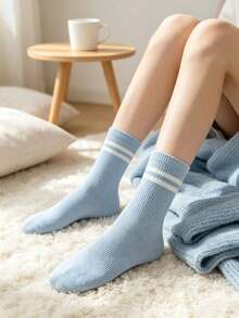 1/5 Pairs Women's Double Bar Mid-Calf Socks, Comfortable Casual Versatile Socks For All Seasons (Random Colors And Styles) - Multicolor - View 4