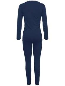 Women's Casual Navy Blue 2 Pieces Set, Round Neck Long Sleeve Top With Leggings, Slightly Stretchy Fabric, Perfect Choice For Autumn - Navy Blue - View 8
