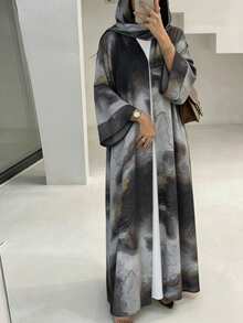 Set 2 pcs Hijab + Abaya Terbuka, Dubai Islami Muslim Motif Abstrak Gradien Depan Terbuka Lengan Panjang Longgar Gaya Kimono Konservatif, Pakaian Sehari-hari Muslim Islami Hijab Warna Senada untuk Wanita - MultiWarna - View 15