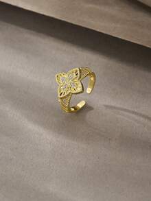 Anillo de trébol chapado en oro de 18K, elegante, moderno y lindo, adecuado para uso diario, citas, fiestas y regalo - Dorado - Ver 2