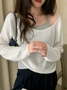 Wavy Edge Open Shoulder Long Sleeve Knit Sweater (No Lining) - Off White - View 3
