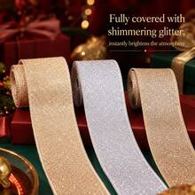 1Roll Classic Christmas Tree Decoration Golden Ribbon Golden Silvery Powder Decorative Bow Material Christmas Wire Edging Ribbon For Gift Packing - Gift Wrapping Tape - View 5