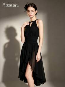DonsGirl 1pc Women's Halter Neck Backless Dance Dress, Flowy Draped Mesh Front Slit Midi Skirt, Elegant Ballet & Modern Lyrical Dance Costume, Suitable For Class, Solo Performance - Black - View 6