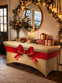 1pc Christmas Elastic Fitted Tablecloth, Polyester Spandex Full Coverage Elastic Table Cover, Red Bow Ribbon Print, Rectangular Wrinkle-Resistant Dining Table Protector, Suitable For Holiday Party Dining Table, Buffet Table And Home Decor - Multicolor - View 2