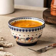 2pcs/4pcs Bohemian Polish Style Floral Pattern Round Ceramic Rice Bowl, Vintage Blue Lace Rim Dotted Decor Thickened Anti-Slip Base, Microwave Dishwasher Porcelain Dinner Bowl, For Daily Dining Breakfast Home Dinner Party Autumn Daily Table Decor - Multicolor - View 4