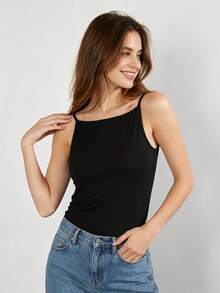 White Jersey Square Neck Padded Camisole,Built-In Chest Pad Thin Strap Form Fitting Tank Top,Convenient No Underwire Basic Layering Top Matching Jeans - Black - View 4
