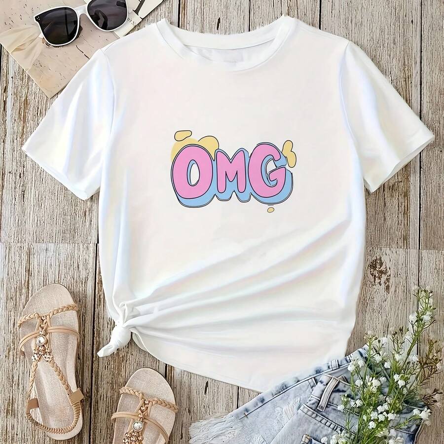White Colorful Letter Design, Perfect Spring Outfits, Comfortable For Daily Wear, Casual, With Graphic Print, Sleeve, Round Neck, Elastic. - 款式 - 查看 1