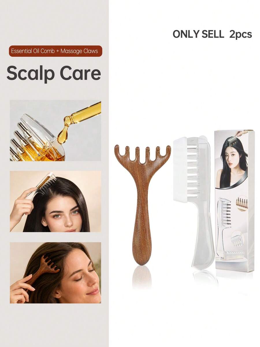 2pcs Home Hair Care Set, Transparent Essential Oil Applicator Comb With Solid Wood 5-Prong Scalp Massage Claw, Relaxing Head Massage Tool To Boost Essence Absorption, Portable Hair Care Tool, Essential Oil Not Included - Multicolor - View 1