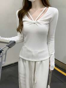 Women's White Long Sleeve Knit Top, V-Neck Twist Design, Regular Fit, Medium Stretch Brushed Fabric, Suitable For Autumn Daily Wear - White - View 9