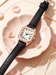 LUCKYFOX Women's Vintage Luxury Minimalist Square Dial Quartz Watch With Leather Strap, 1pc Boxed, Suitable For Daily Wear, Halloween, Back To School - Black - View 3