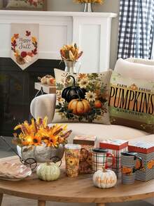 Fall Pillow Covers Set Of 4 Pumpkin Vines Floral Thanksgiving Decorations Autumn Harvest Striped Throw Cushion Case For Sofa Couch - Burnt Orange - View 4