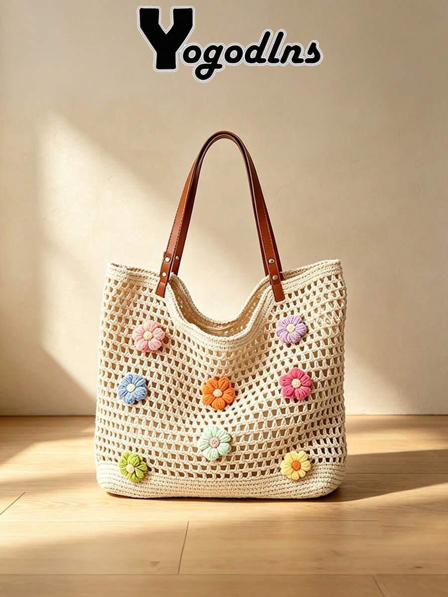 Yogodlns Beach Seaside Vacation Bag Women's Large Capacity Shoulder Bag New Versatile Fashion Shopper Handbag Travel Beach Bag Shopping Pack Beach Bag - Beige - View 1