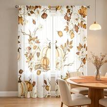 2PCS Autumn Semi‑Sheer Curtains, Retro White Rose Pumpkin Maple Leaf Print Light Filtering Drapes For Bedroom Living Room Fall Home Decoration,Fall Sheer Curtains - Multicolor - View 9
