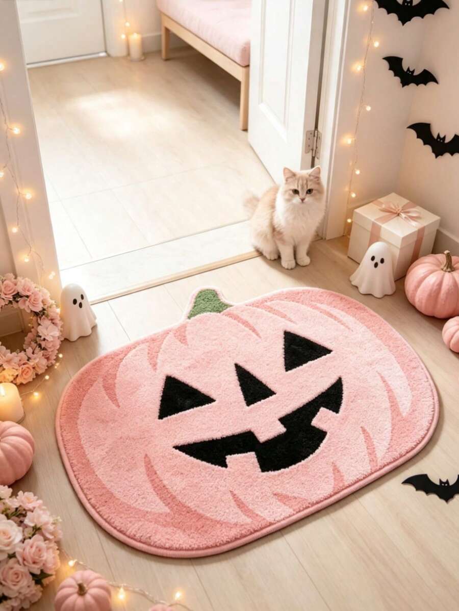 1pc Pink Halloween Pumpkin Welcome Doormat, Small Rug, Home Decor, Area Rug, Casual Blanket, Bedside Rug, Bedroom Carpet, Washable - Multicolor - View 1