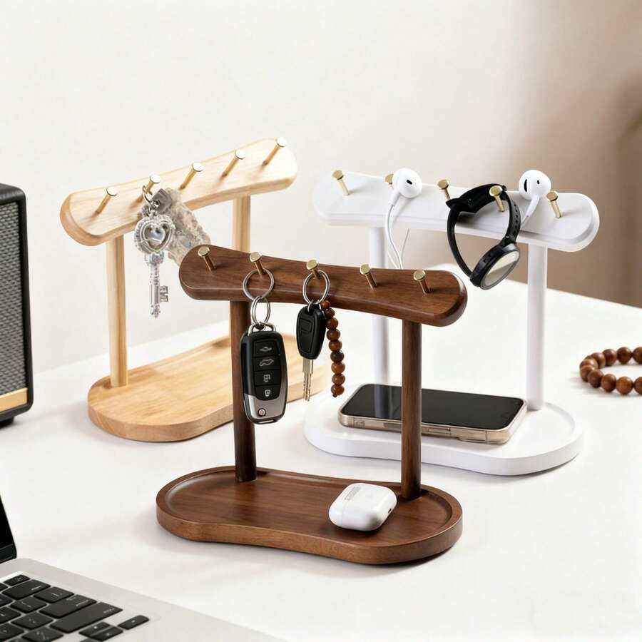 Desktop Key Holder With Tray, 20.32cm High Small Tabletop Storage Rack, 3-In-1 Multifunctional Desktop Organizer, Suitable For Keys, Fashion Glasses, Watches, Mail, Letters, Non-Food Contact Decorative Rack, Suitable For Entryway, Bedroom, Bathroom, Office Desktop Use - Multicolor - View 1
