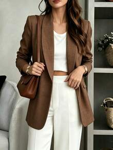 Women's Elegant Brown Long Sleeve Blazer, Front Button Design, Regular Length, Perfect Choice For Autumn Outfit - Brown - View 3