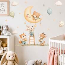 Forest Animal Wall Decals, Bear, Rabbit, Deer, Fox, Moon, Star, Cloud, Balloon Nursery Wall Stickers, Watercolor Bohemian Neutral Baby Room Decor, Newborn Baby Shower, Housewarming Gift, Suitable For Children's Bedroom - Forest Animal Wall Stickers - View 2